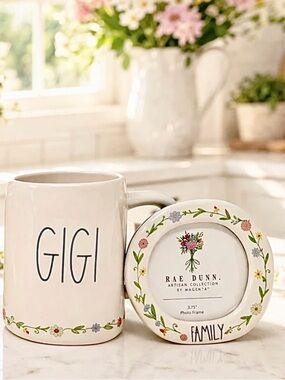 🆕- Rae Dunn- Floral “GIGI” Coffee Mug & Matching “FAMILY” Picture Frame Set